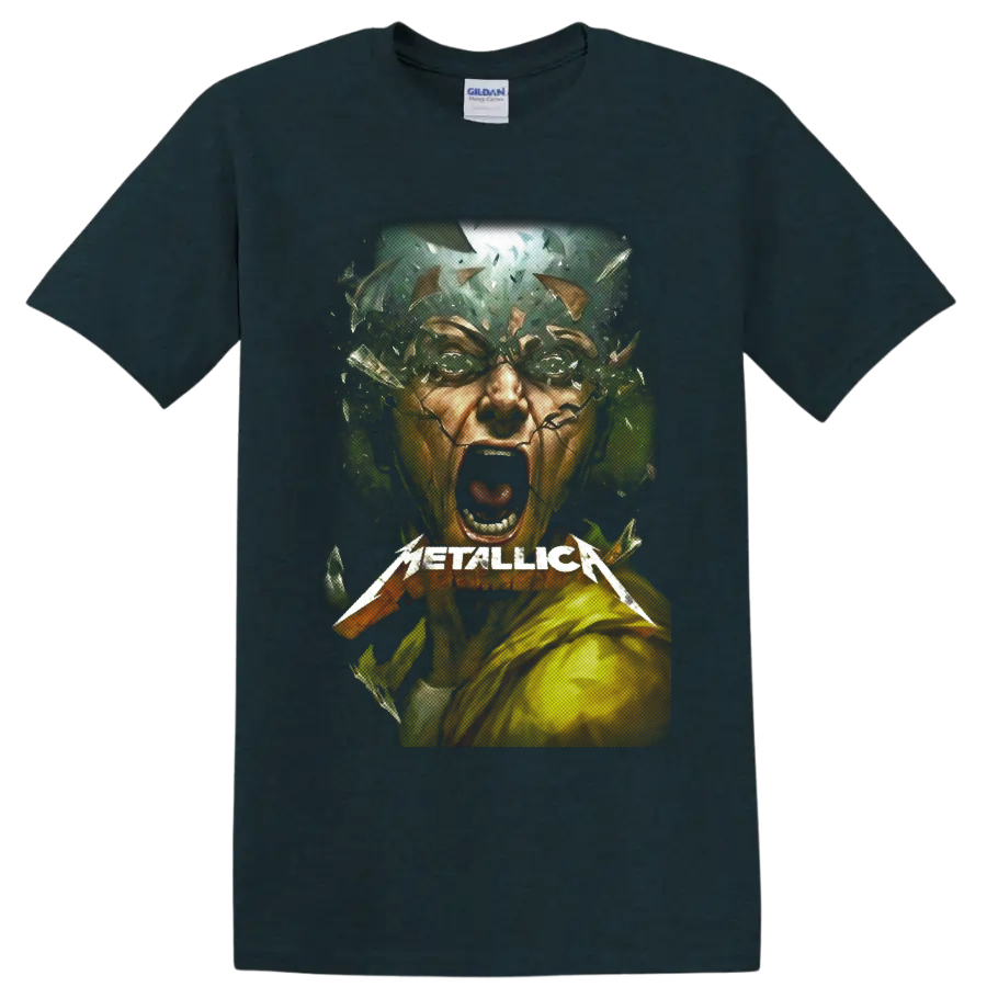 Metallica wordmark over a screaming shattered face in distressed heavy metal artwork on a Midnight (Green) T Shirt