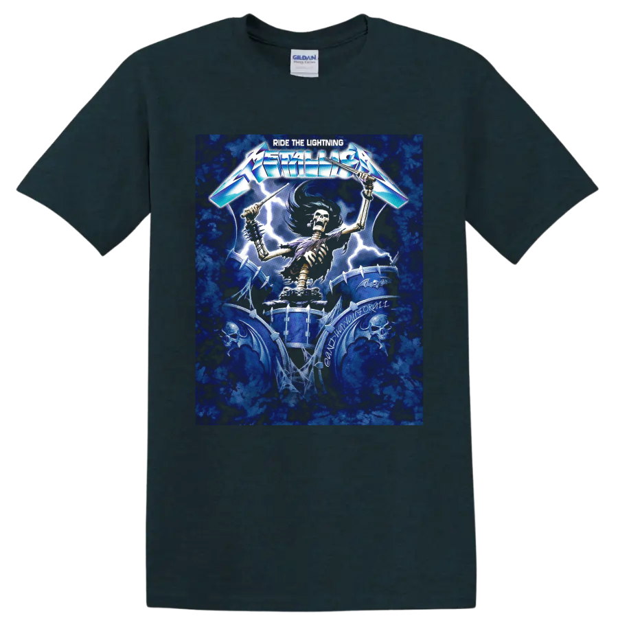 Metallica Ride the Lightning skeletal drummer graphic with lightning and spiked drums on a Midnight (Green) T Shirt