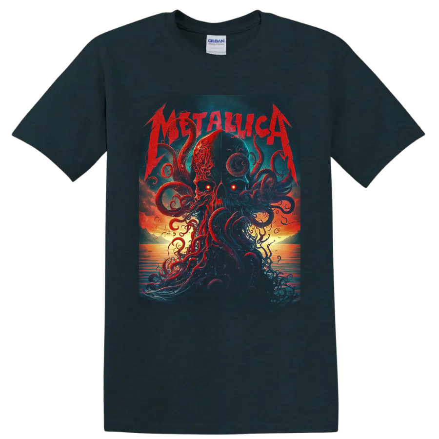 Metallica skull and kraken tentacle ocean sunset graphic in dark fantasy style on a Midnight (Green) T Shirt