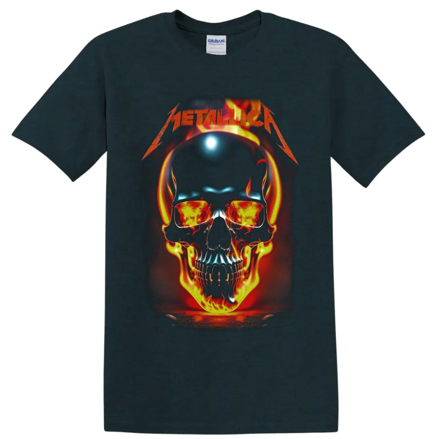 Metallica wordmark above a flaming skull with headphones and fiery sunglasses on a Midnight (Green) T Shirt