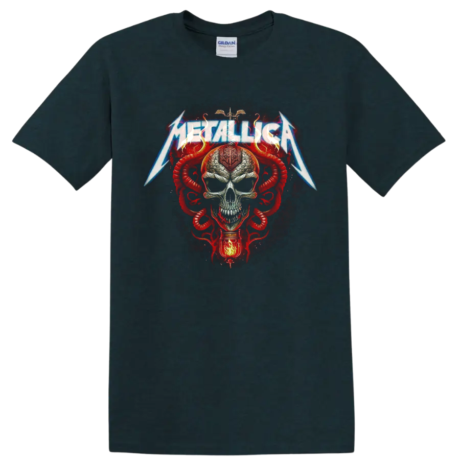 Metallica lightning logo over a skull with red serpents in gothic heavy metal art on a Midnight (Green) T Shirt