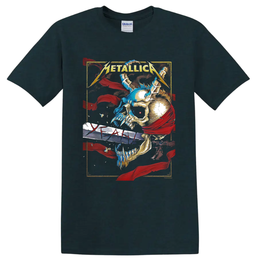 Metallica logo above skull and sword artwork with red banners and blue flame accents on a Midnight (Green) T Shirt