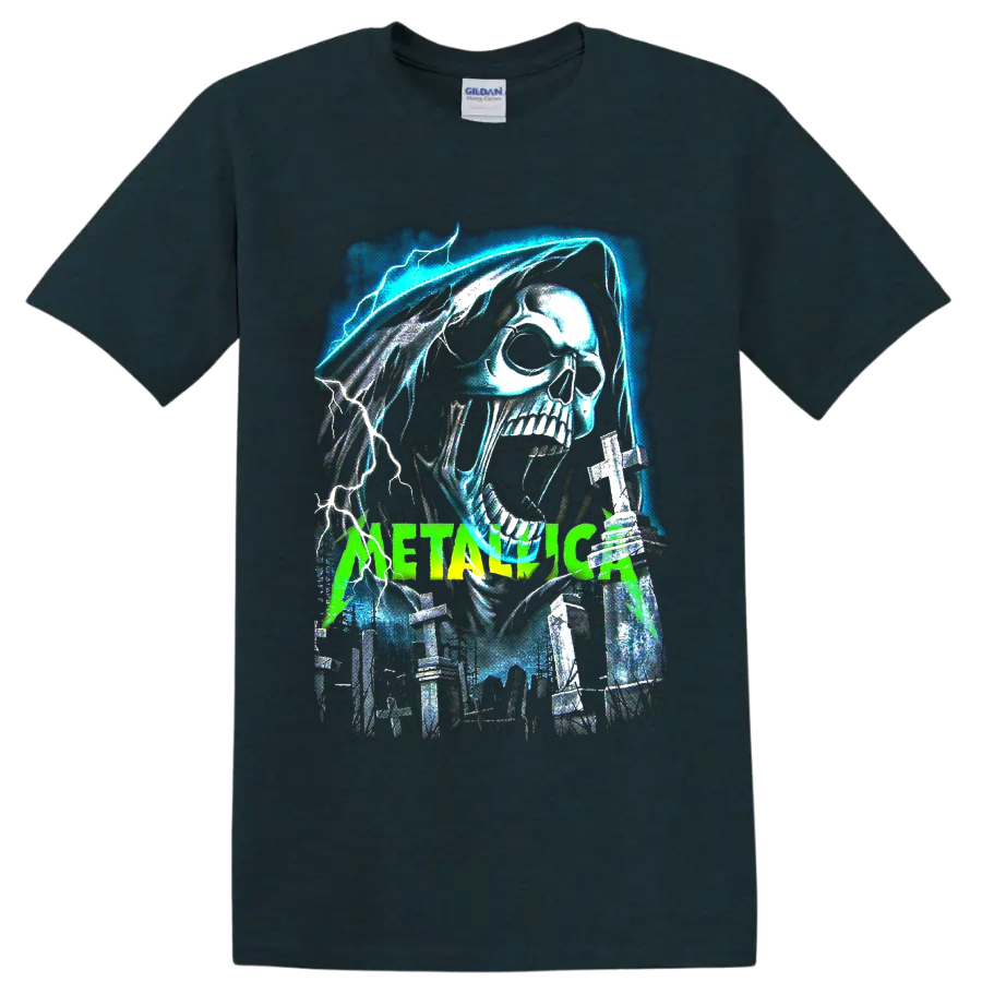 Metallica hooded skull with lightning, graveyard crosses, and neon green band lettering on a Midnight (Green) T Shirt