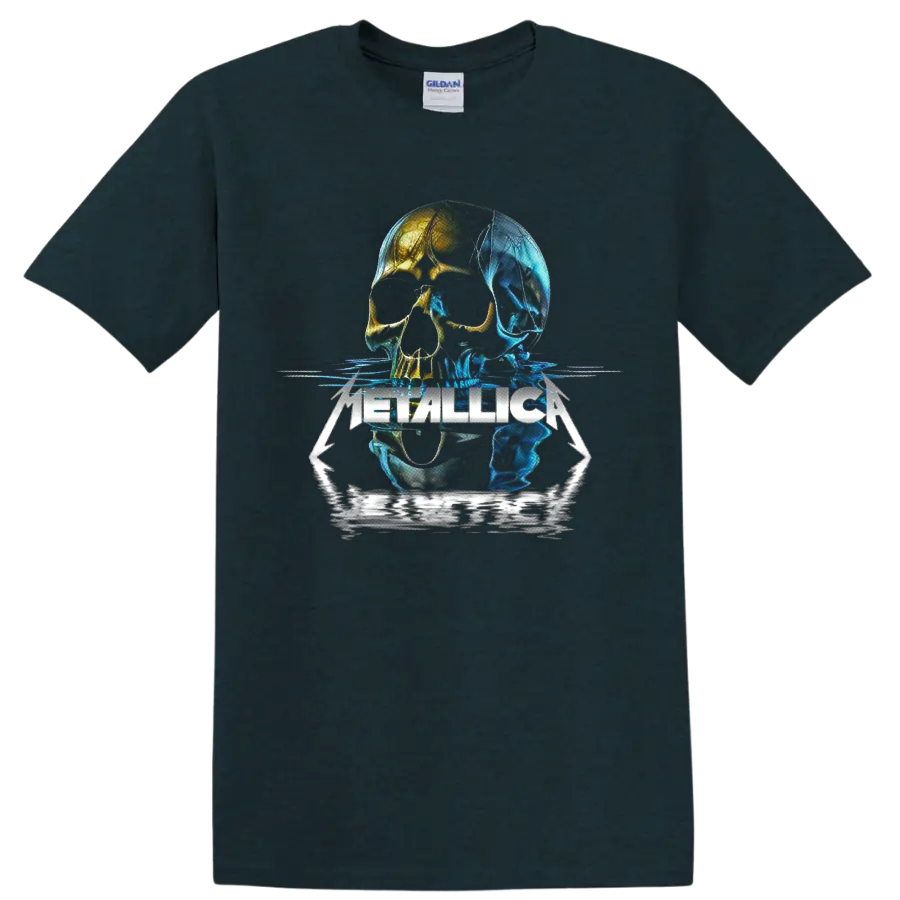 Metallica neon skull graphic with blue and gold reflections and sharp logo lettering on a Midnight (Green) T Shirt