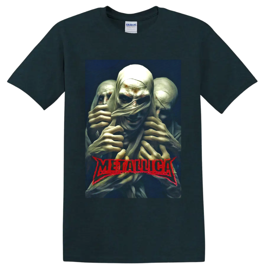 Metallica mummy horror art with three wrapped figures and red band logo on a Midnight (Green) T Shirt