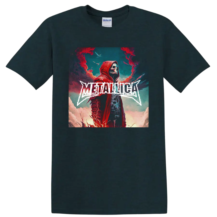 Metallica wordmark with red-hooded skull reaper in surreal smoky sky artwork on a Midnight (Green) T Shirt