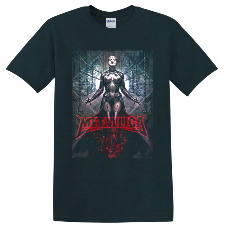 Metallica gothic armored woman with chains, red skull art, and red logo on a Midnight (Green) T Shirt