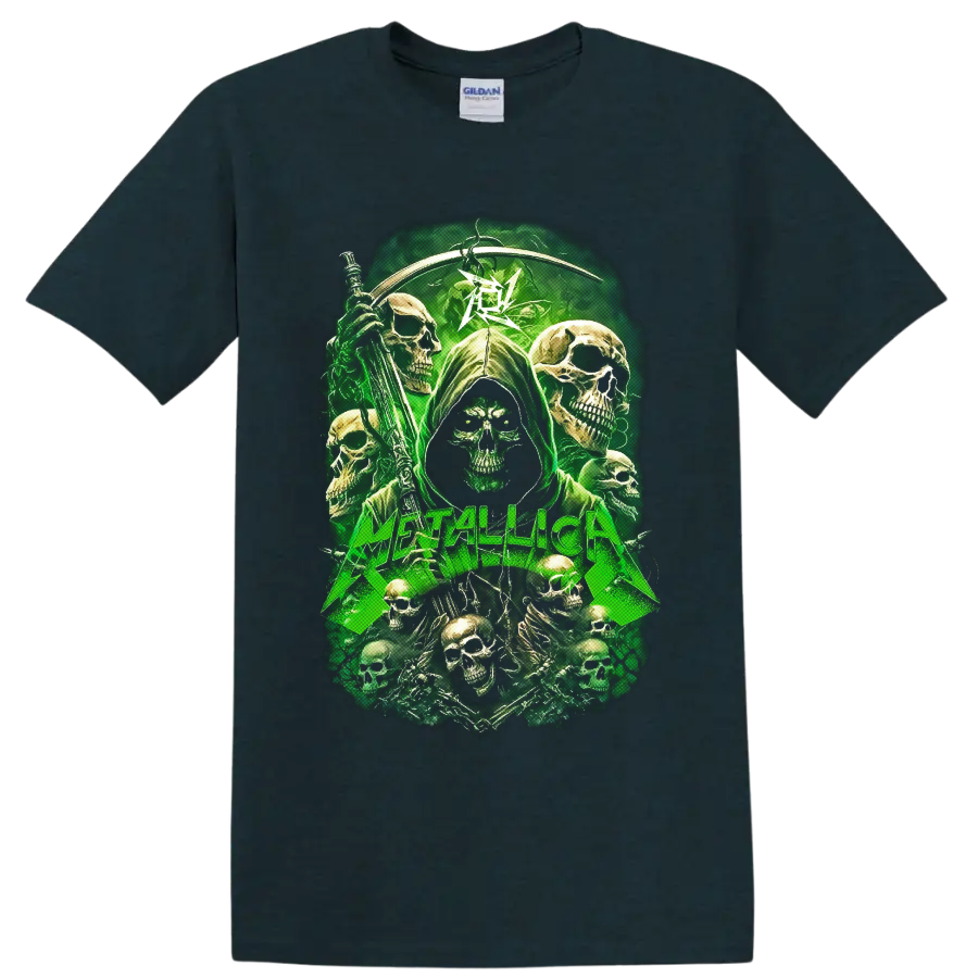 Metallica skull reaper graphic with scythe, green lightning, and surrounding skulls on a Midnight (Green) T Shirt