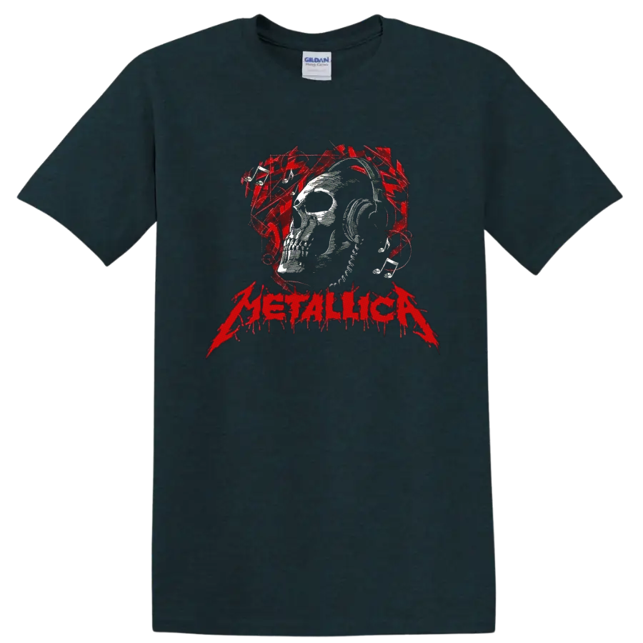 Metallica skull in headphones with red music notes and distressed heavy metal lettering on a Midnight (Green) T Shirt