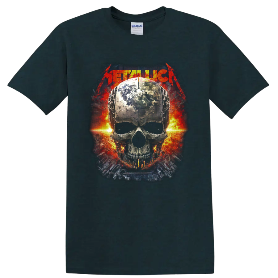 Metallica logo above a weathered globe-textured skull with fiery industrial artwork on a Midnight (Green) T Shirt