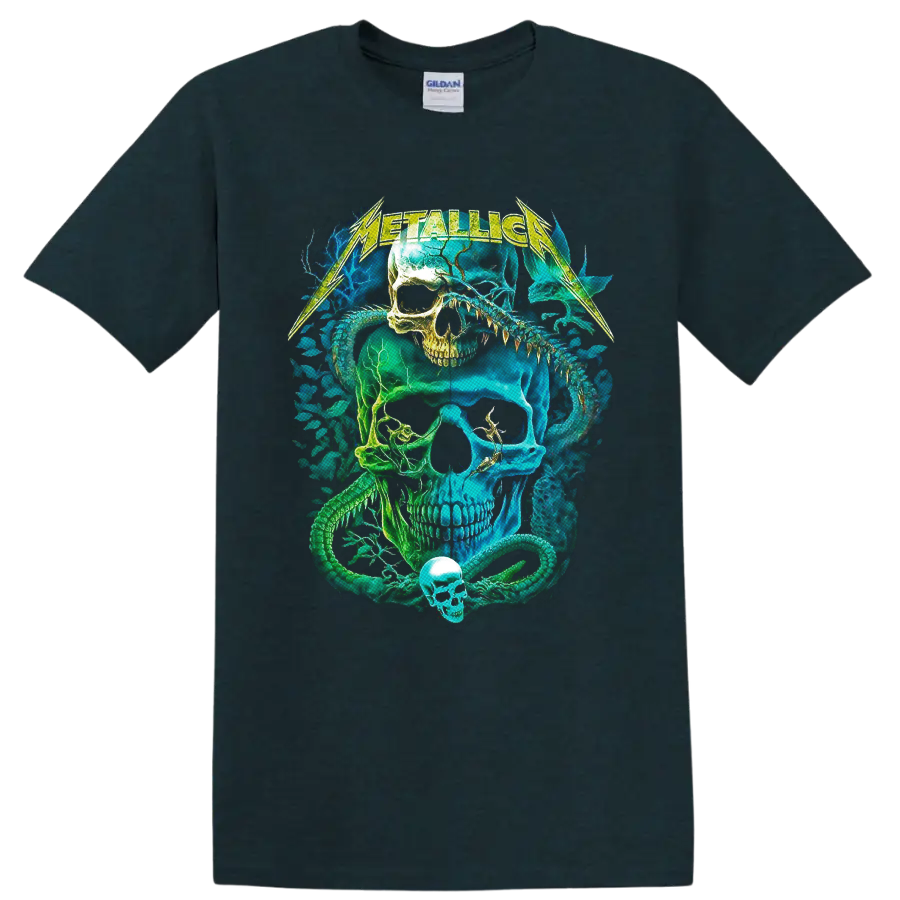 Metallica neon skull and coiled snake graphic with lightning-style band lettering on a Midnight (Green) T Shirt