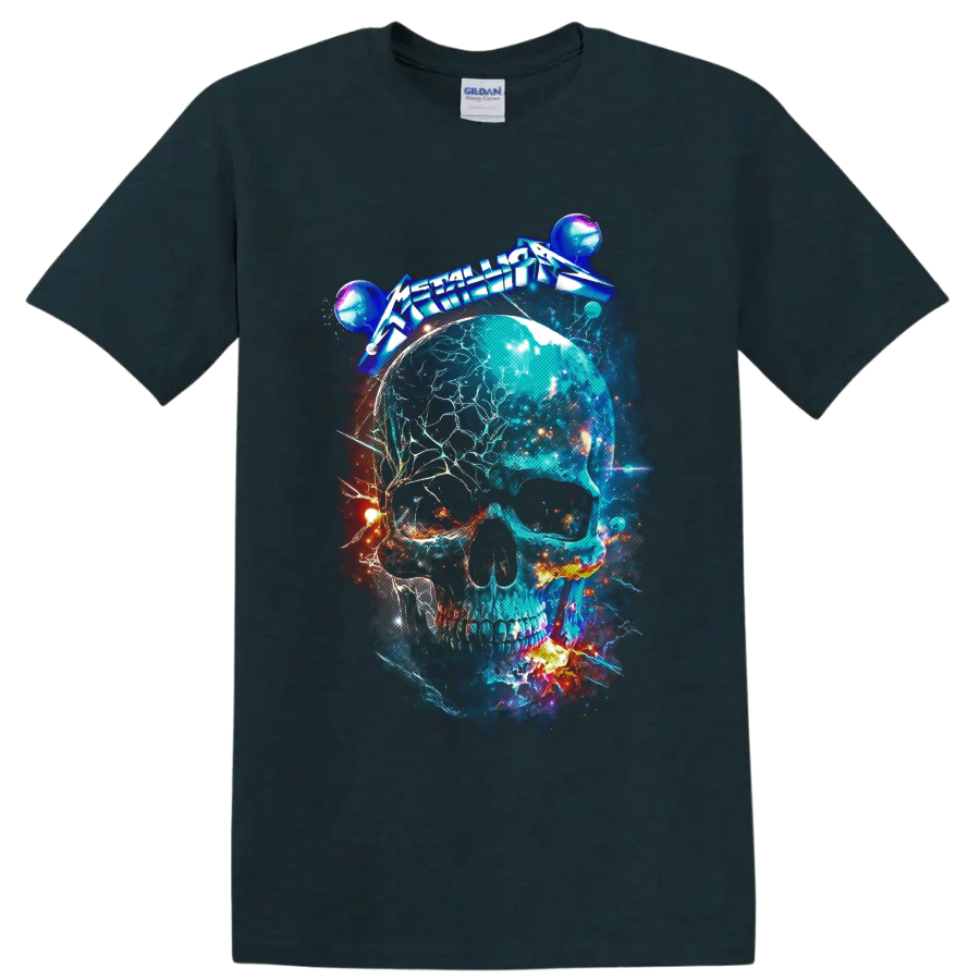 Metallica logo above an electric cosmic skull with planets, stars, and fiery space art on a Midnight (Green) T Shirt