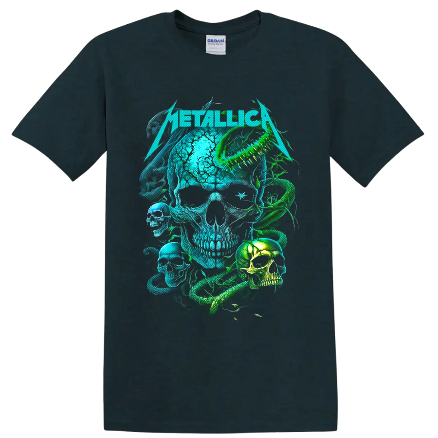Metallica neon skulls and coiled snake graphic in electric blue and green on a Midnight (Green) T Shirt