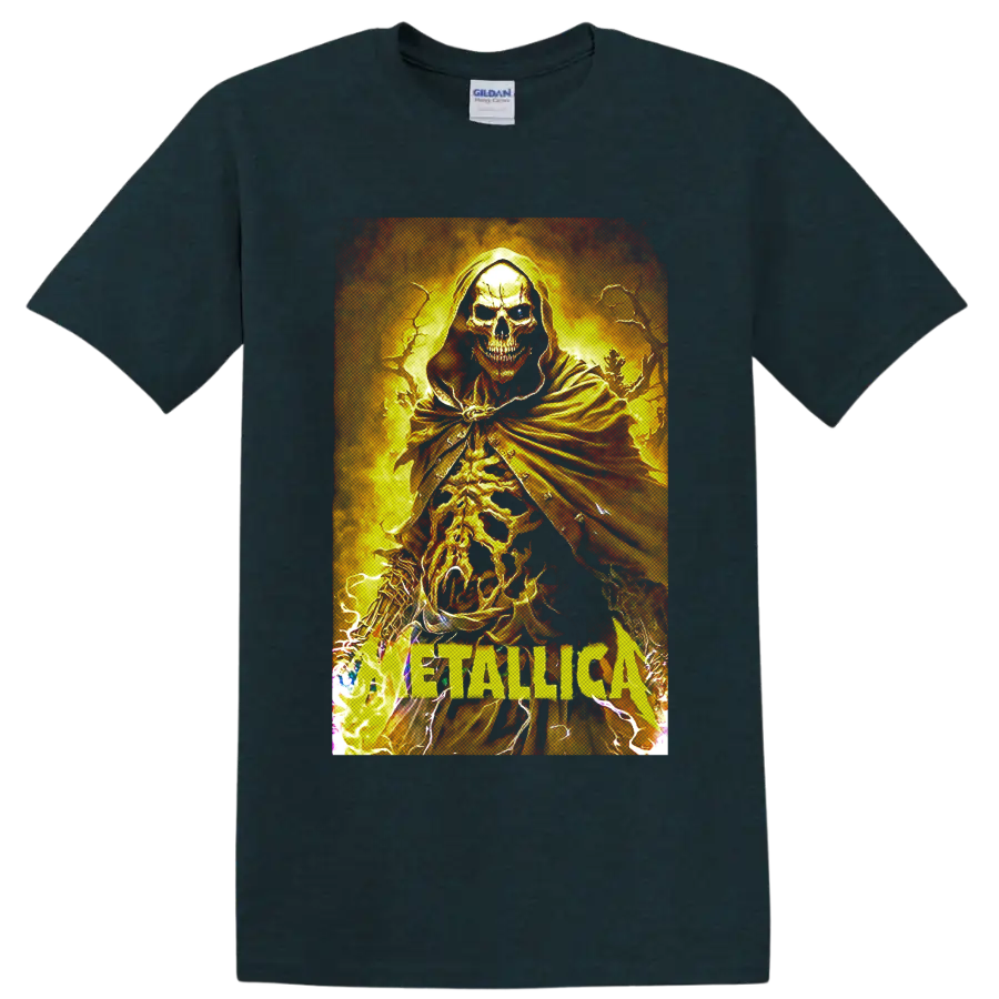 Metallica hooded skeleton graphic with flames, lightning, and band lettering on a Midnight (Green) T Shirt