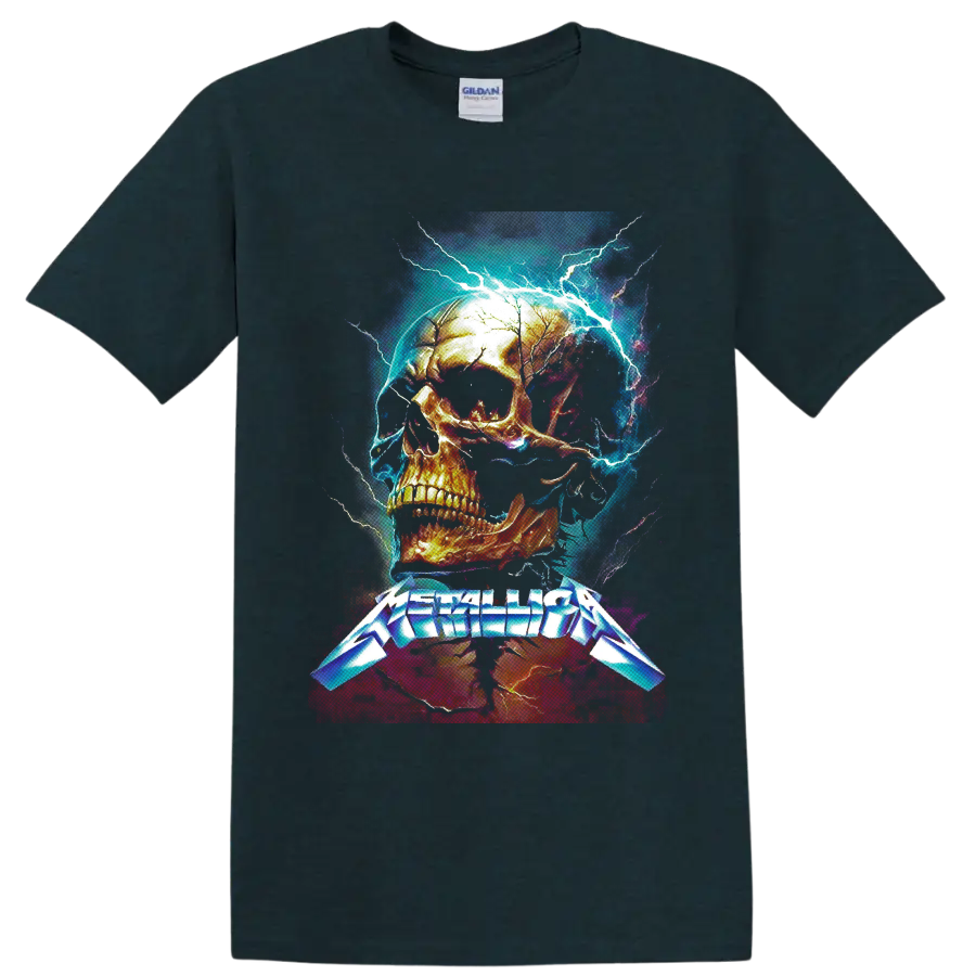 Metallica logo beneath a fiery skull with electric blue lightning on a Midnight (Green) T Shirt