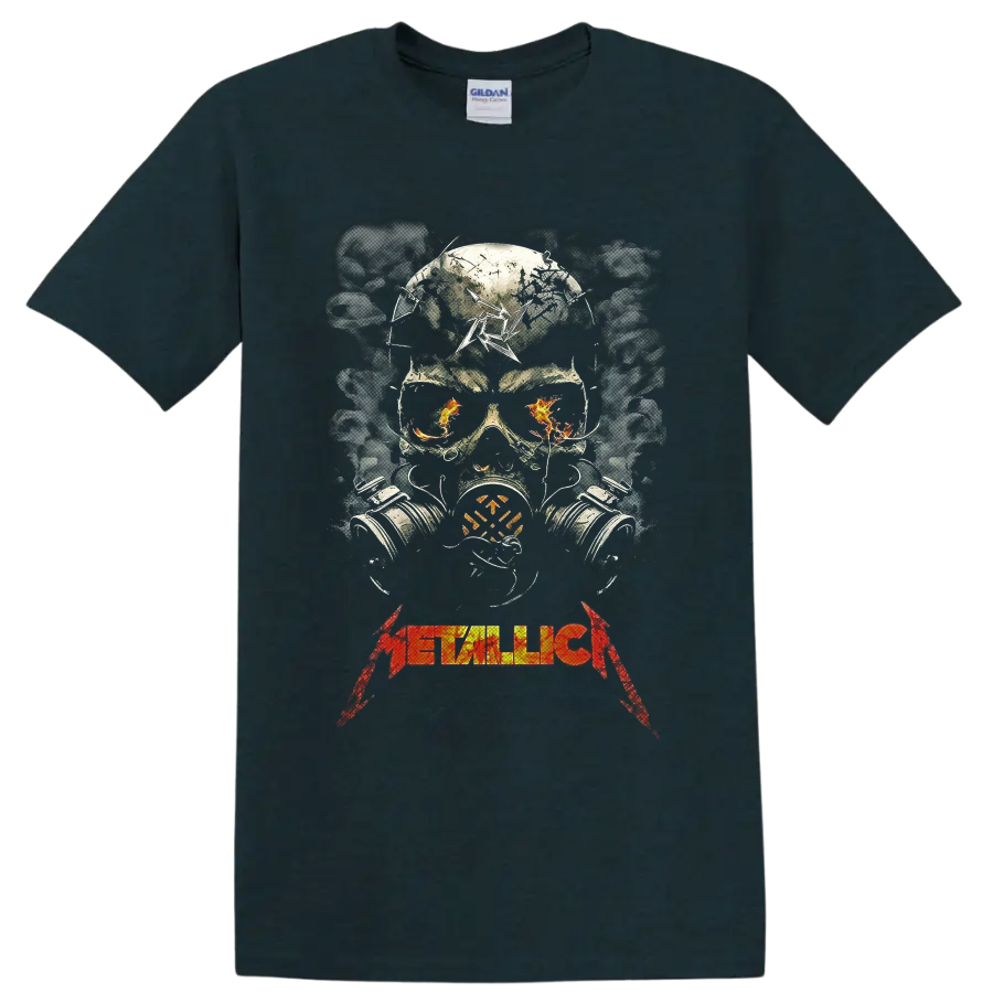 Metallica distressed skull in gas mask with flames, smoke, and band logo on a Midnight (Green) T Shirt