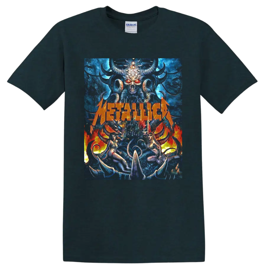 Metallica horned skull demon graphic with blue fantasy art, flames, and orange logo on a Midnight (Green) T Shirt