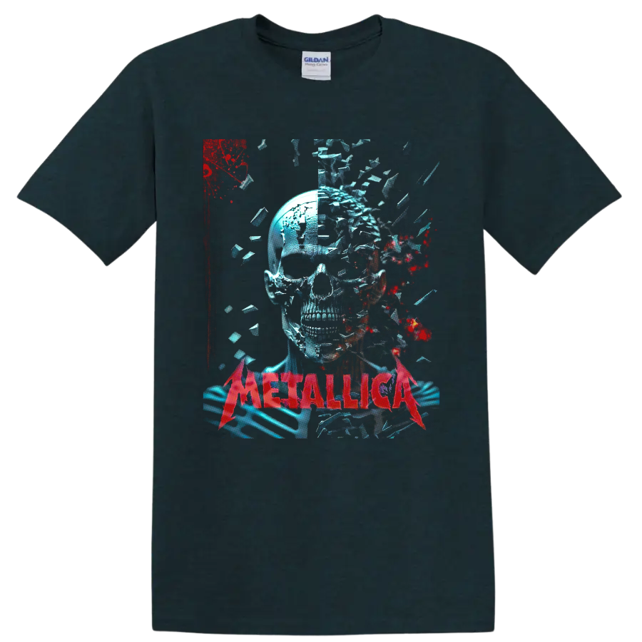 Metallica shattered skull graphic with blue fragments, red splatter, and red band on a Midnight (Green) T Shirt