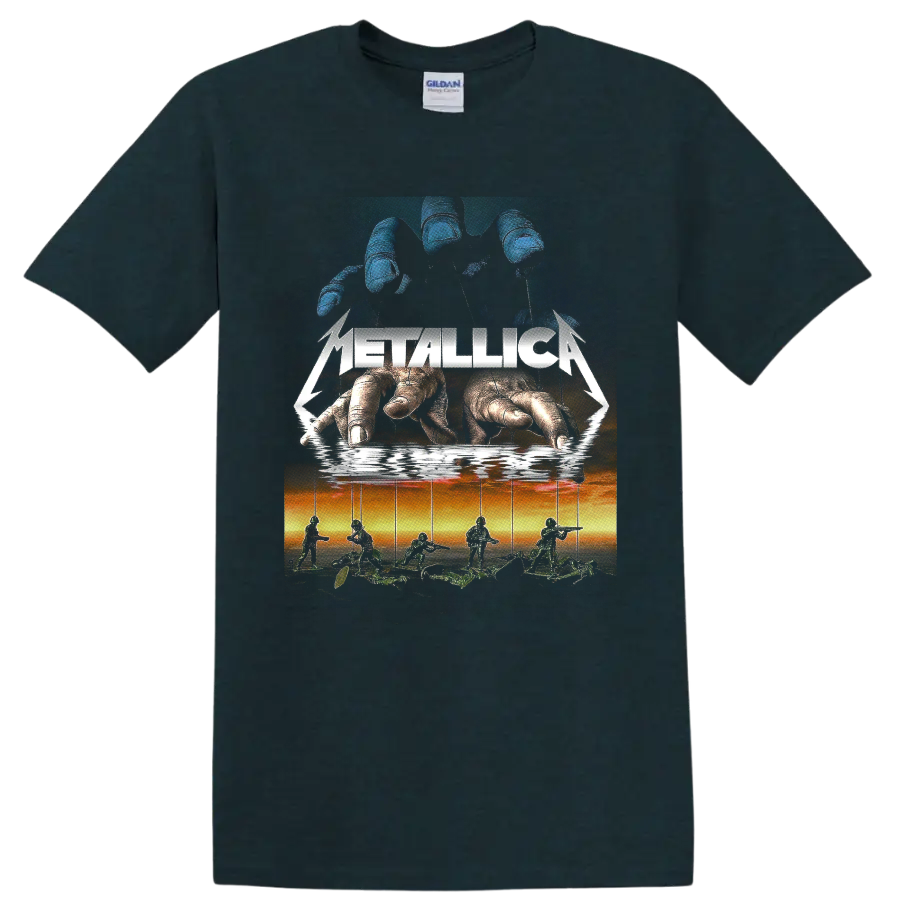Metallica logo over giant hands controlling soldier marionettes in surreal rock art on a Midnight (Green) T Shirt