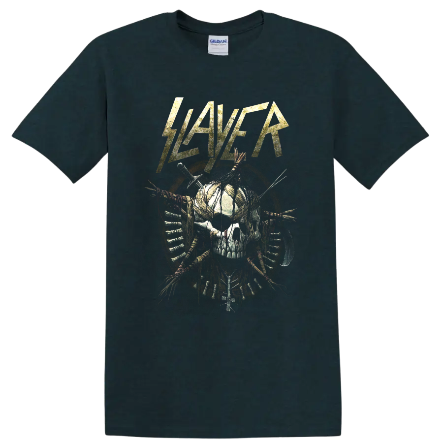 Slayer distressed logo above a bound skull with blades and weapon details on a Midnight (Green) T Shirt
