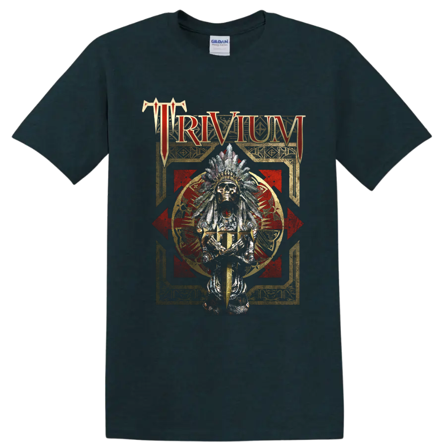 Trivium feathered skull warrior with sword in distressed gothic metal artwork on a Midnight (Green) T Shirt