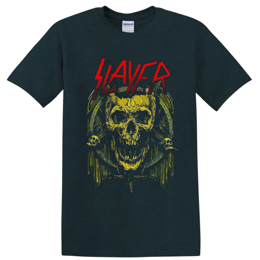 Slayer logo above a distressed horned skull in gothic thrash metal artwork on a Midnight (Green) T Shirt