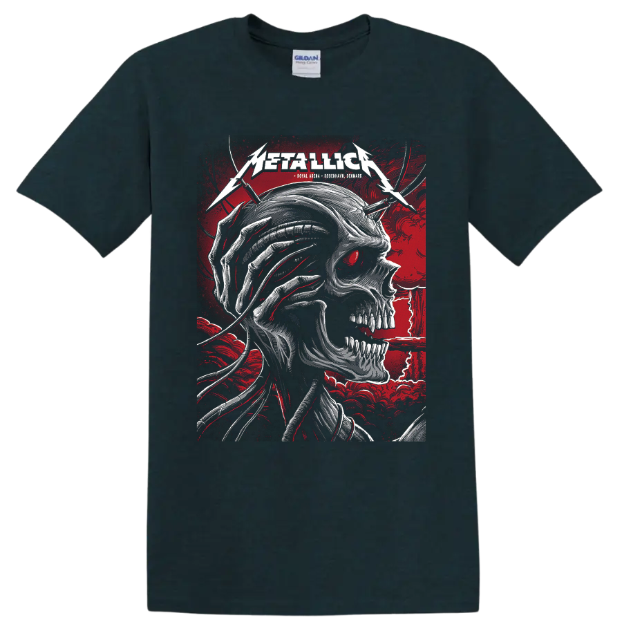 Metallica Royal Arena Copenhagen skull concert poster graphic with red eye and lightning on a Midnight (Green) T Shirt