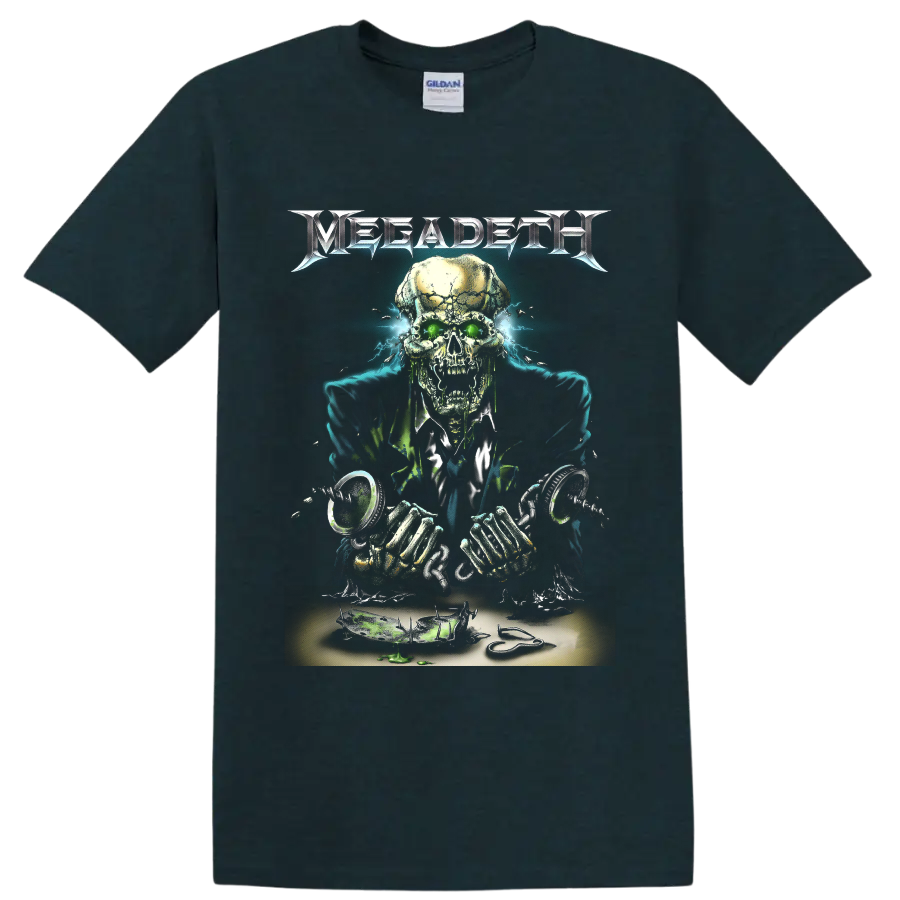 Megadeth Vic Rattlehead skull artwork with green eyes and electric blue energy on a Midnight (Green) T Shirt