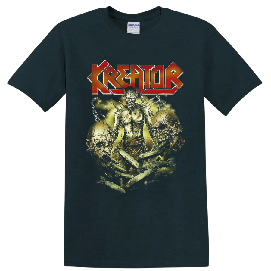 Kreator logo above skeletal warrior, skulls, chains, and bullets in distressed horror art on a Midnight (Green) T Shirt