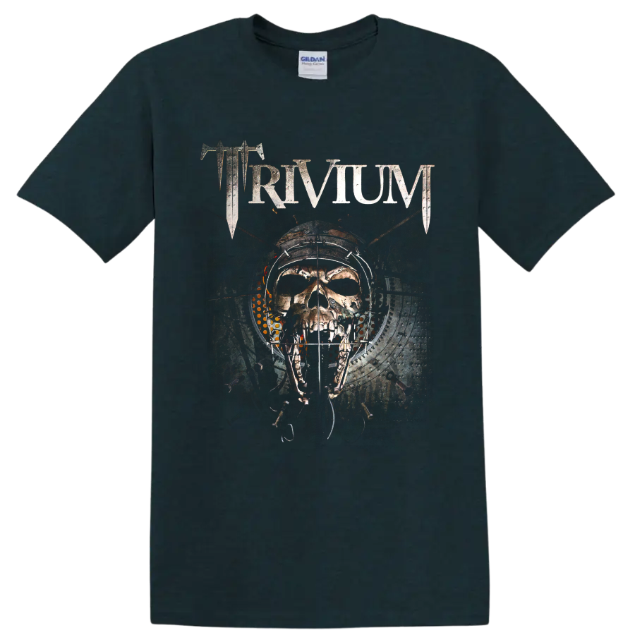 Trivium distressed logo above a mechanical skull in gothic industrial artwork on a Midnight (Green) T Shirt