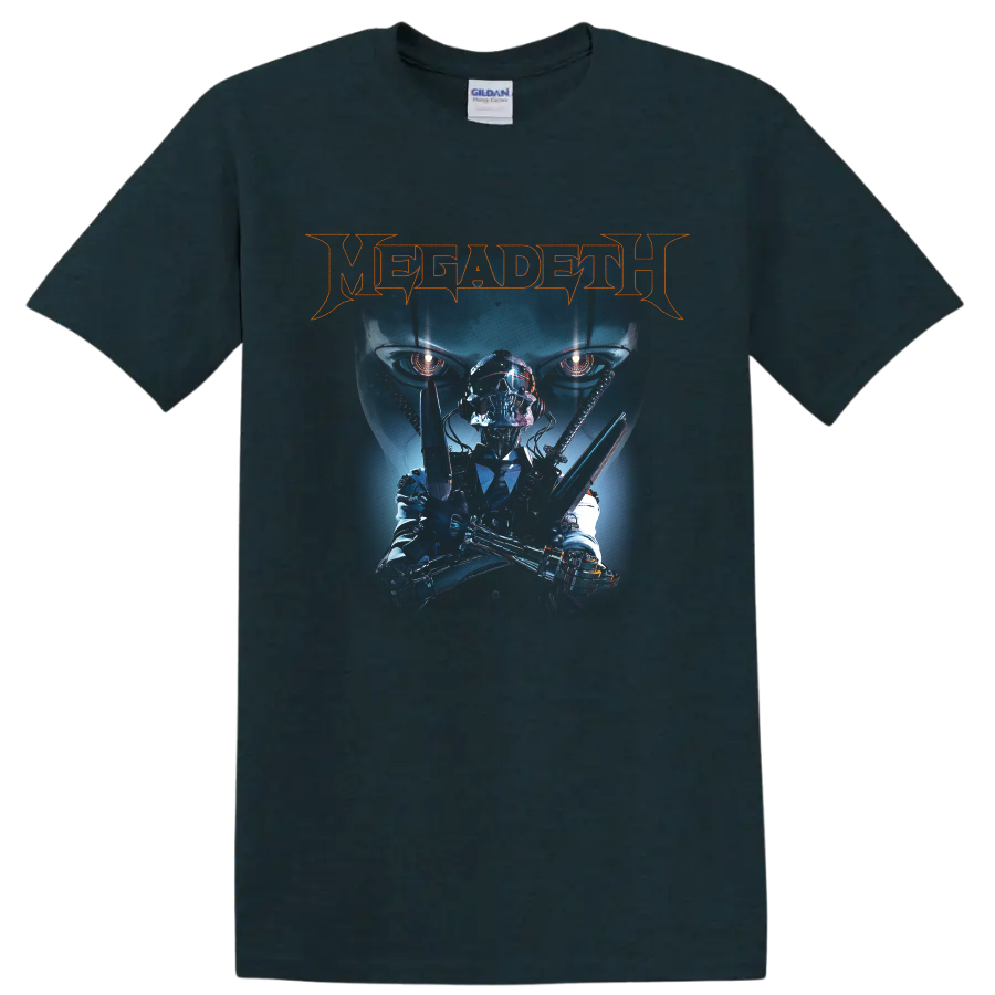 Megadeth logo with cybernetic Vic Rattlehead in a dark futuristic metal graphic on a Midnight (Green) T Shirt