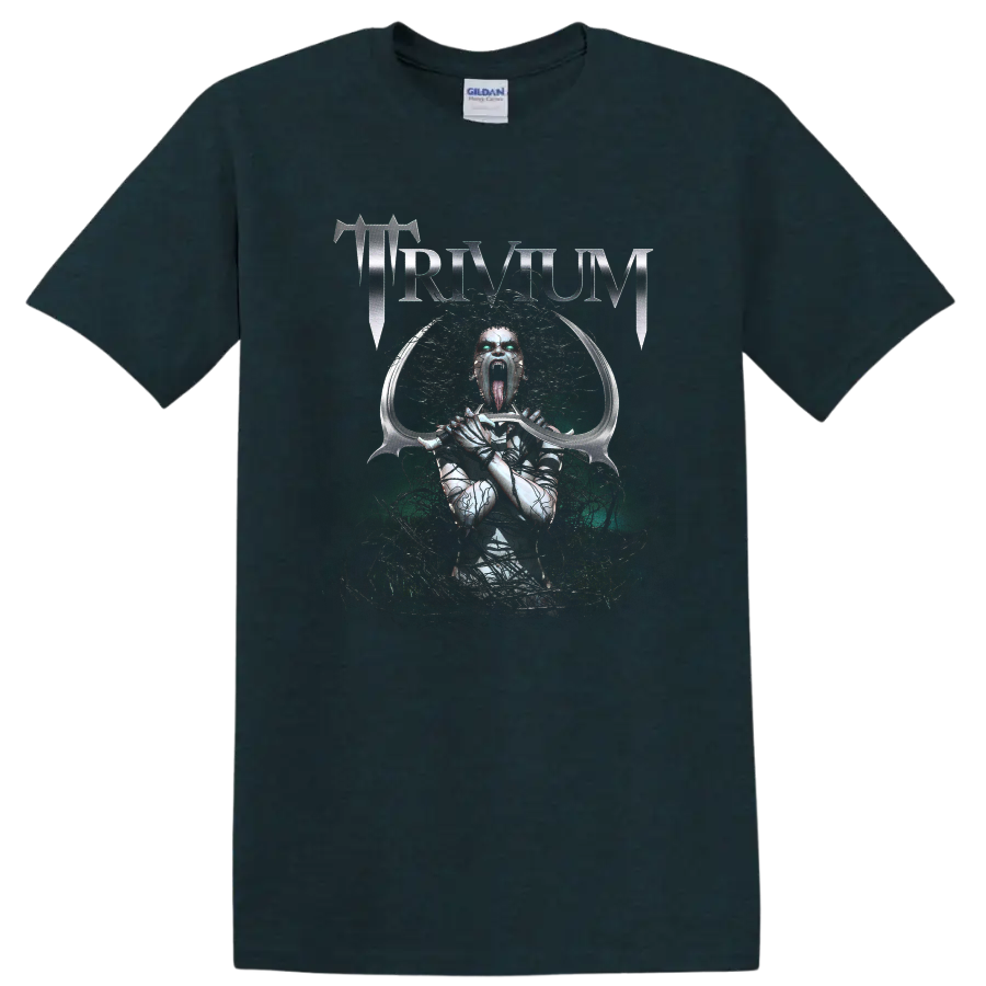 Trivium metallic logo above screaming demonic armored figure with curved sword on a Midnight (Green) T Shirt