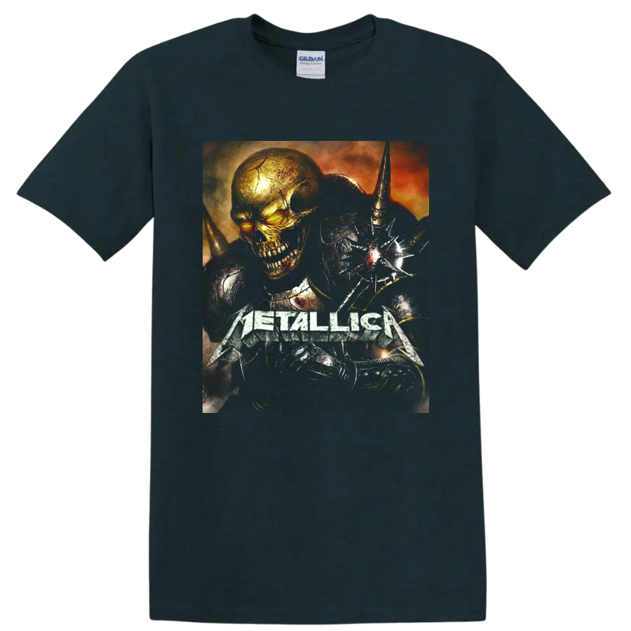 Metallica logo with glowing-eyed skull and dark armored warrior gothic graphic on a Midnight (Green) T Shirt