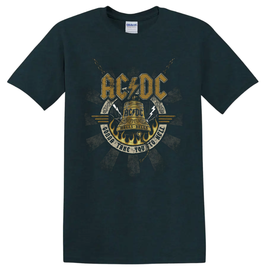 AC/DC Hells Bells distressed gold bell graphic with flames, chains, and lightning on a Midnight (Green) T Shirt