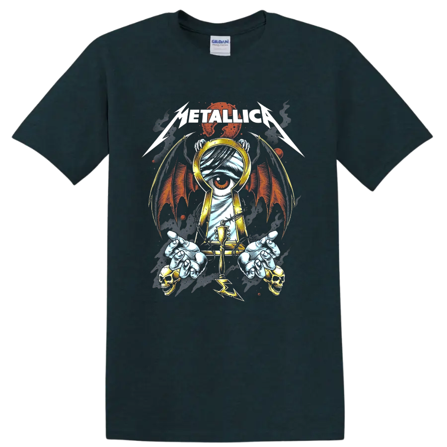 Metallica logo above a one-eyed mummy with gold headphones, wings, skulls, and barbed wire on a Midnight (Green) T Shirt