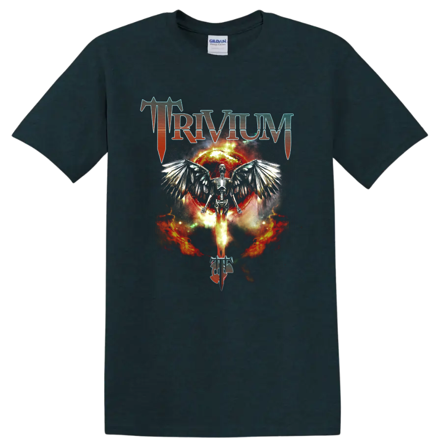Trivium logo with winged skeleton, fiery eclipse, and flames in metal art on a Midnight (Green) T Shirt