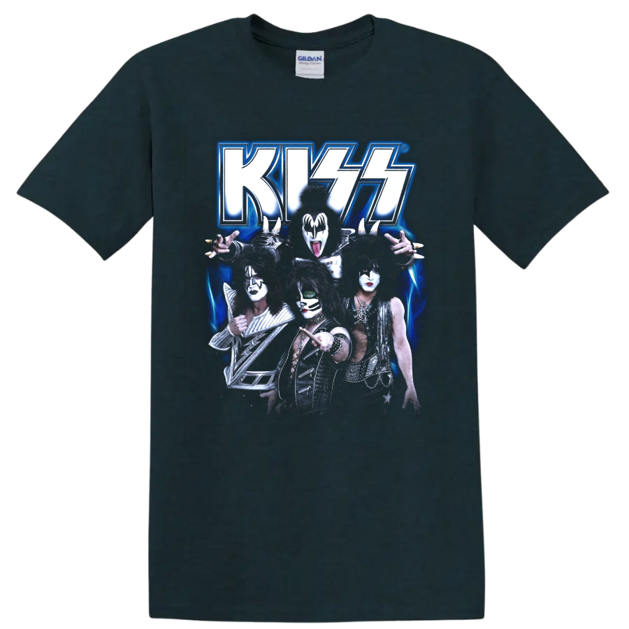 KISS band members in theatrical makeup beneath a glowing blue KISS logo on a Midnight (Green) T Shirt