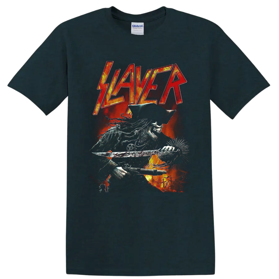 Slayer logo above a fiery pirate skeleton with sword and firearm in dark metal art on a Midnight (Green) T Shirt