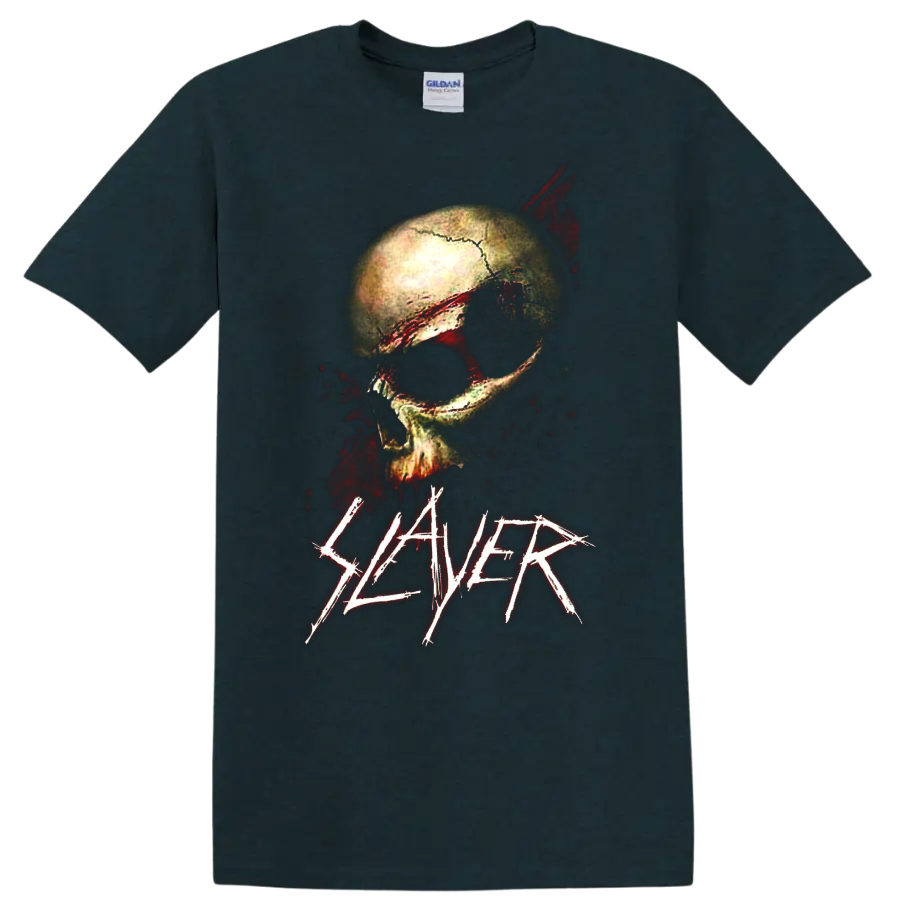 Distressed skull graphic with red splatter details and Slayer logo on a Midnight (Green) T Shirt