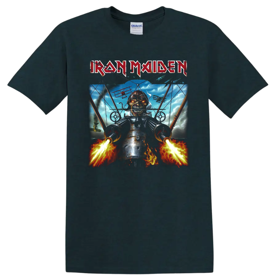 Iron Maiden Eddie fighter pilot graphic with blazing guns, aircraft, flames, and band logo on a Midnight (Green) T Shirt