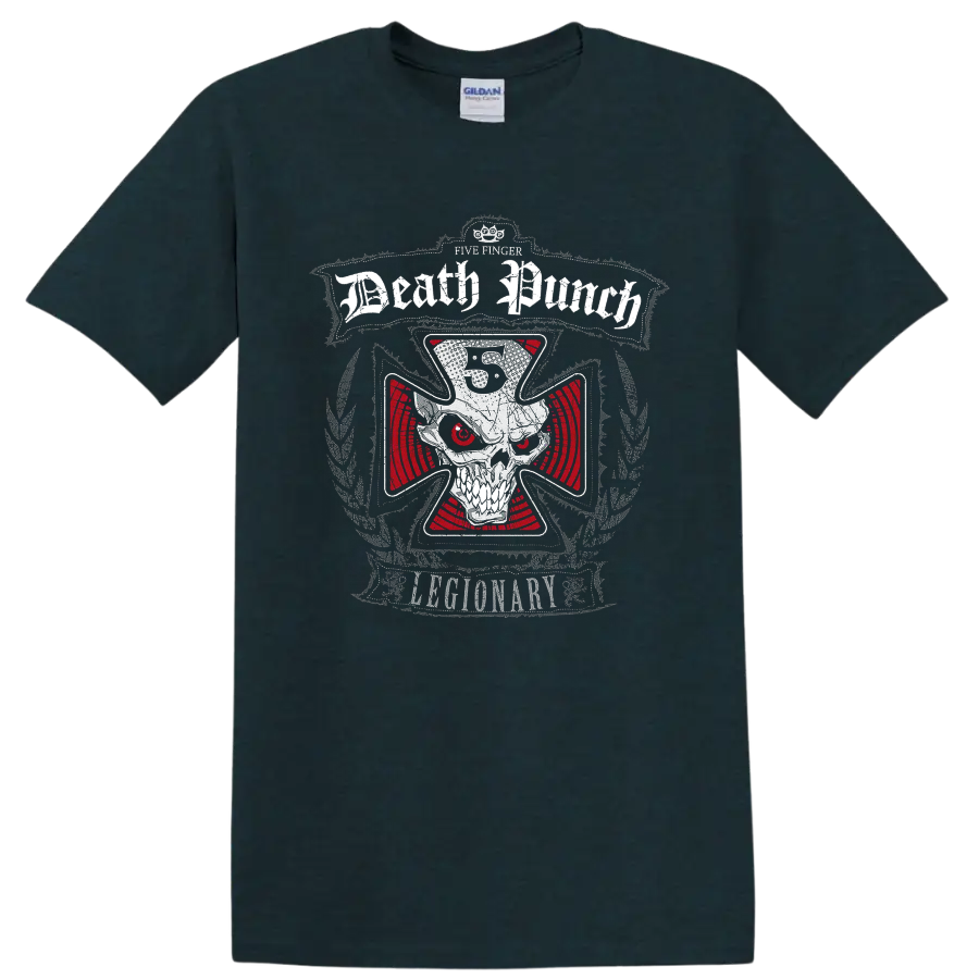 Five Finger Death Punch Legionary skull graphic with red eyes and distressed lettering on a Midnight (Green) T Shirt
