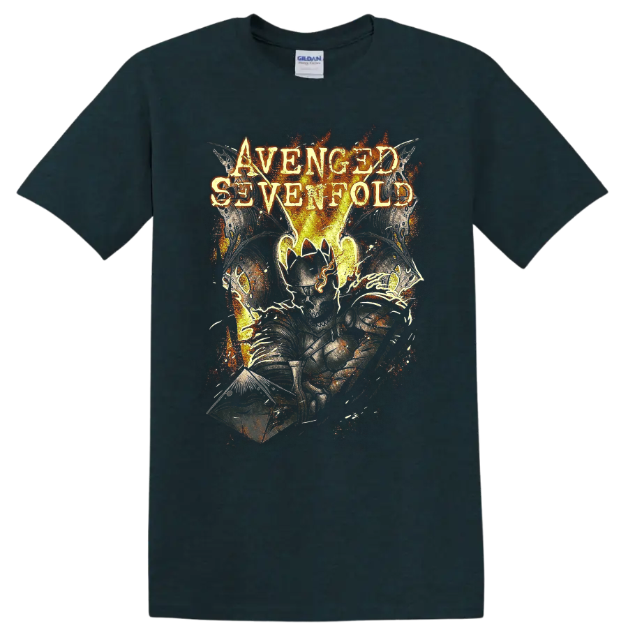 Avenged Sevenfold Deathbat in fiery distressed Shepherd of Fire graphic on a Midnight (Green) T Shirt