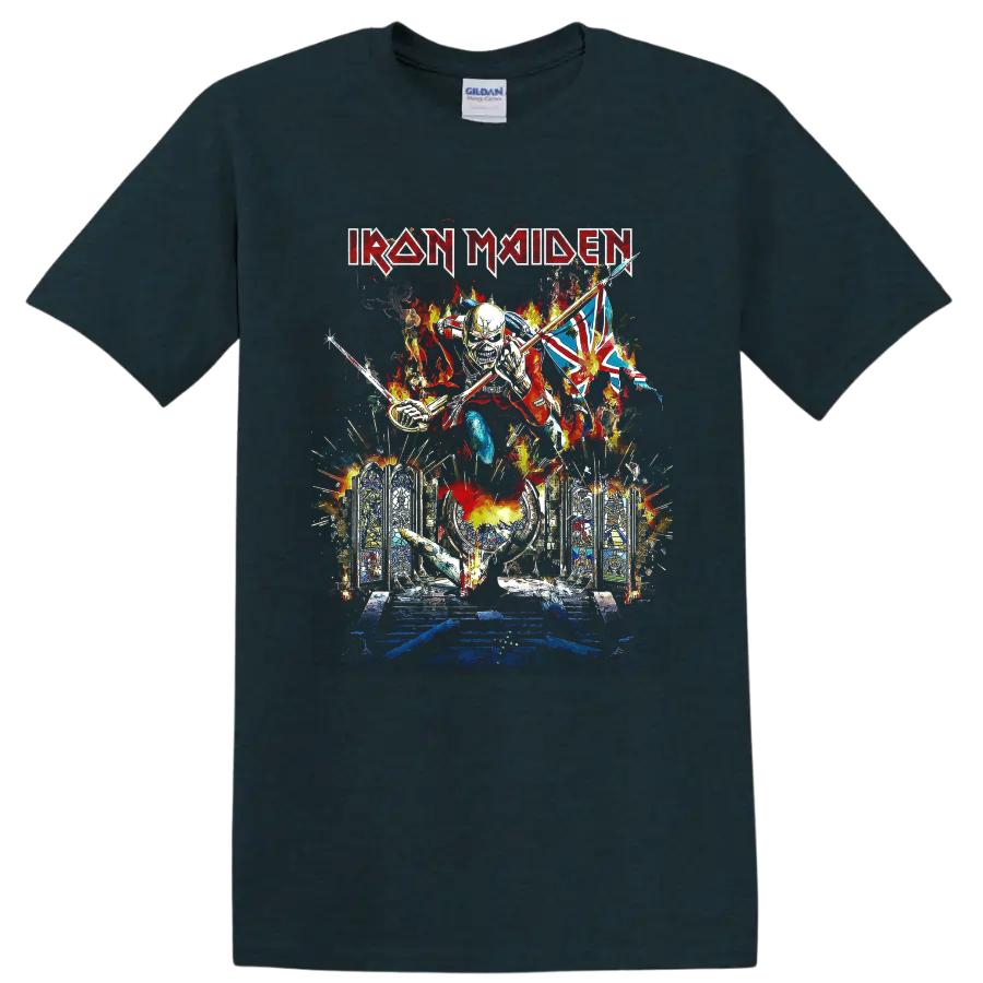 Iron Maiden Eddie the Trooper graphic with Union Jack, flames, and Gothic stained glass on a Midnight (Green) T Shirt