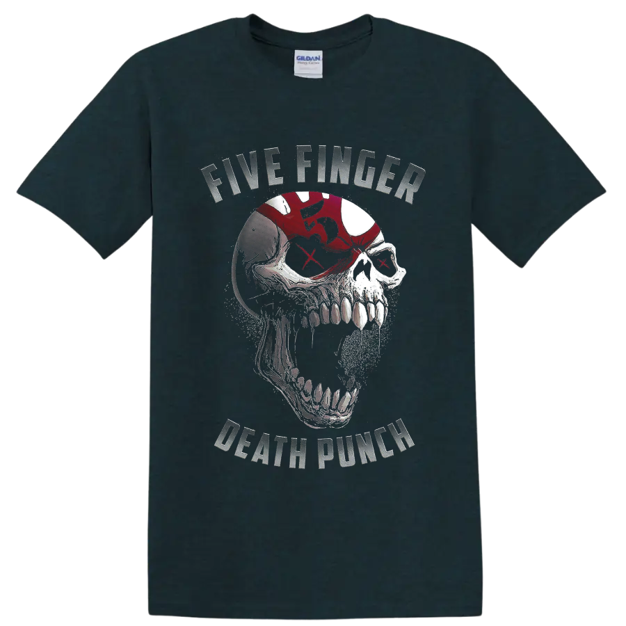 Five Finger Death Punch distressed skull graphic with red X eyes and band lettering on a Midnight (Green) T Shirt