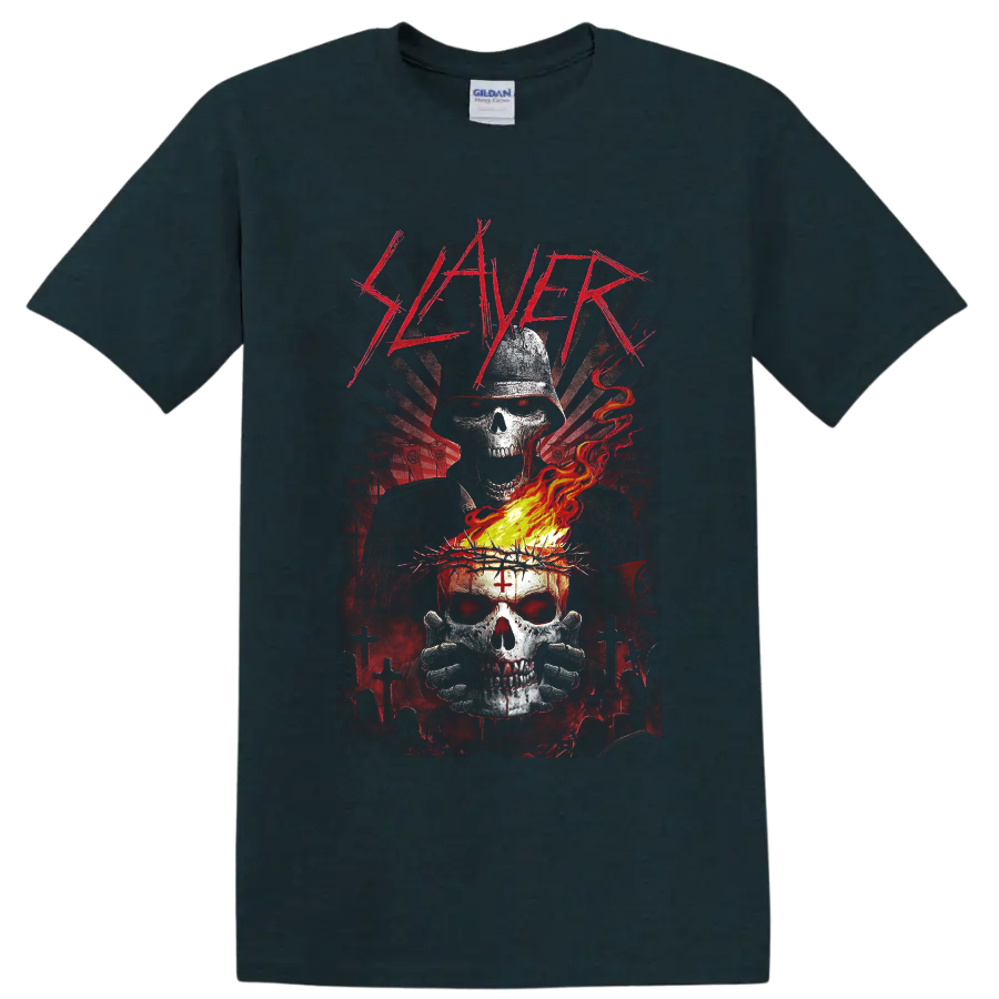 Slayer logo above hooded reaper and flaming skull in gothic graveyard art on a Midnight (Green) T Shirt