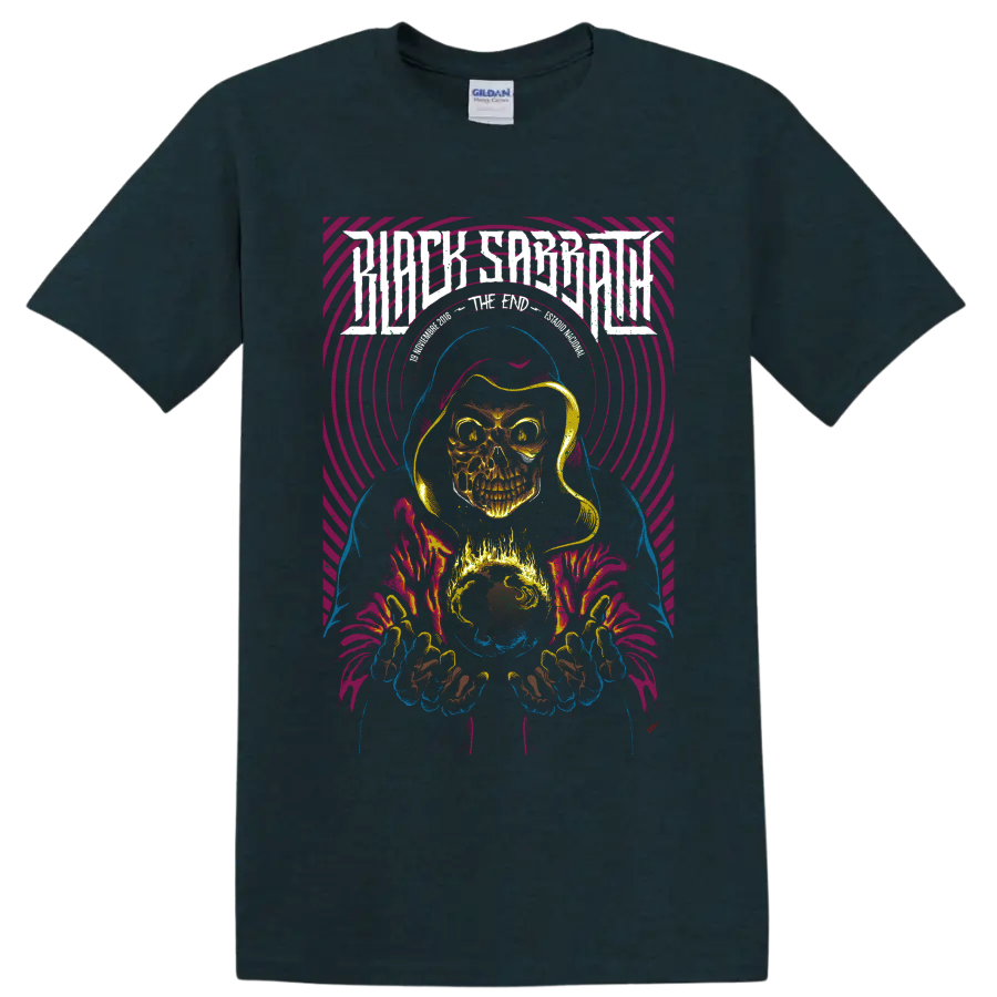 Judas Priest Invincible Shield hooded skull wizard with flaming globe and neon rings on a Midnight (Green) T Shirt