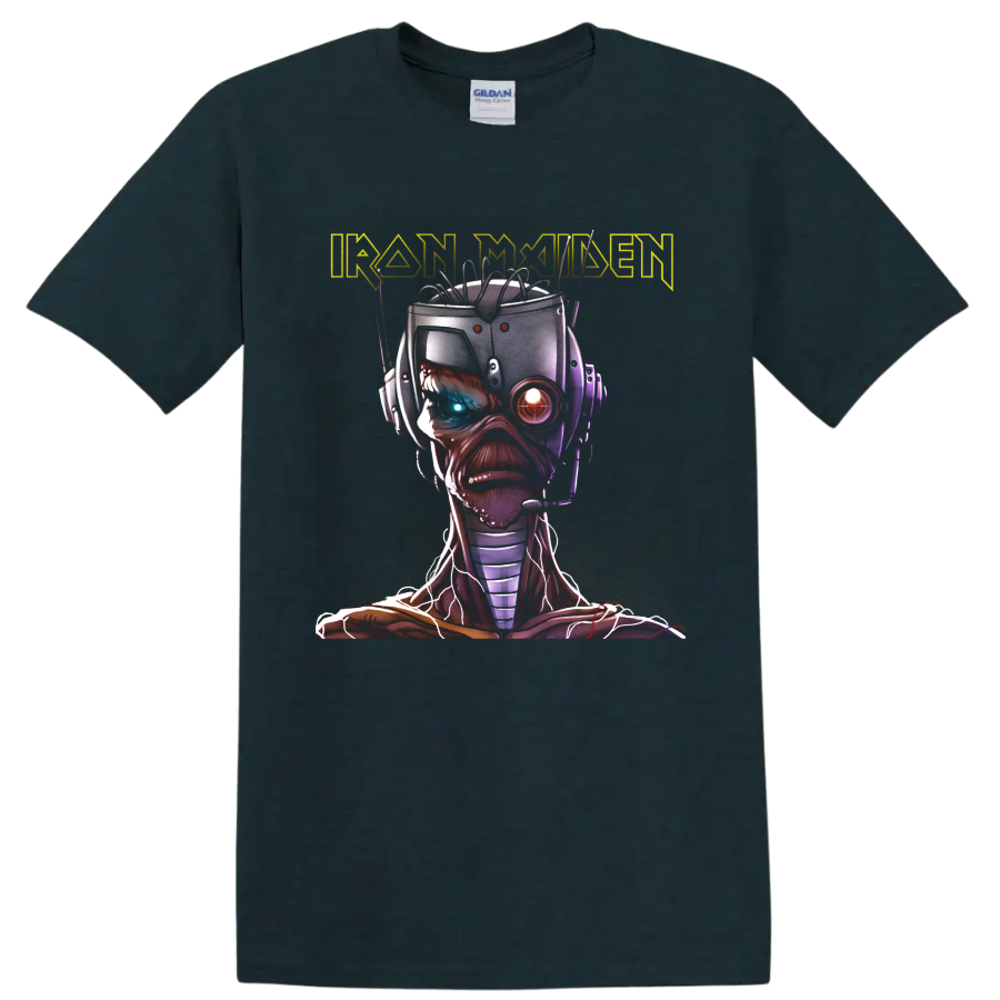 Iron Maiden Eddie the Head cyborg portrait with glowing mechanical eyes and wired headset on a Midnight (Green) T Shirt