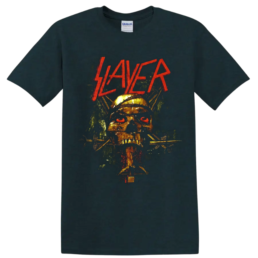 Slayer logo above a spiked helmet skull with barbed wire in gritty heavy metal art on a Midnight (Green) T Shirt