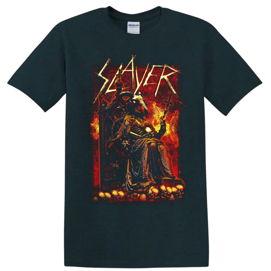 Slayer Show No Mercy gothic horned skeleton on throne with flames and skulls on a Midnight (Green) T Shirt