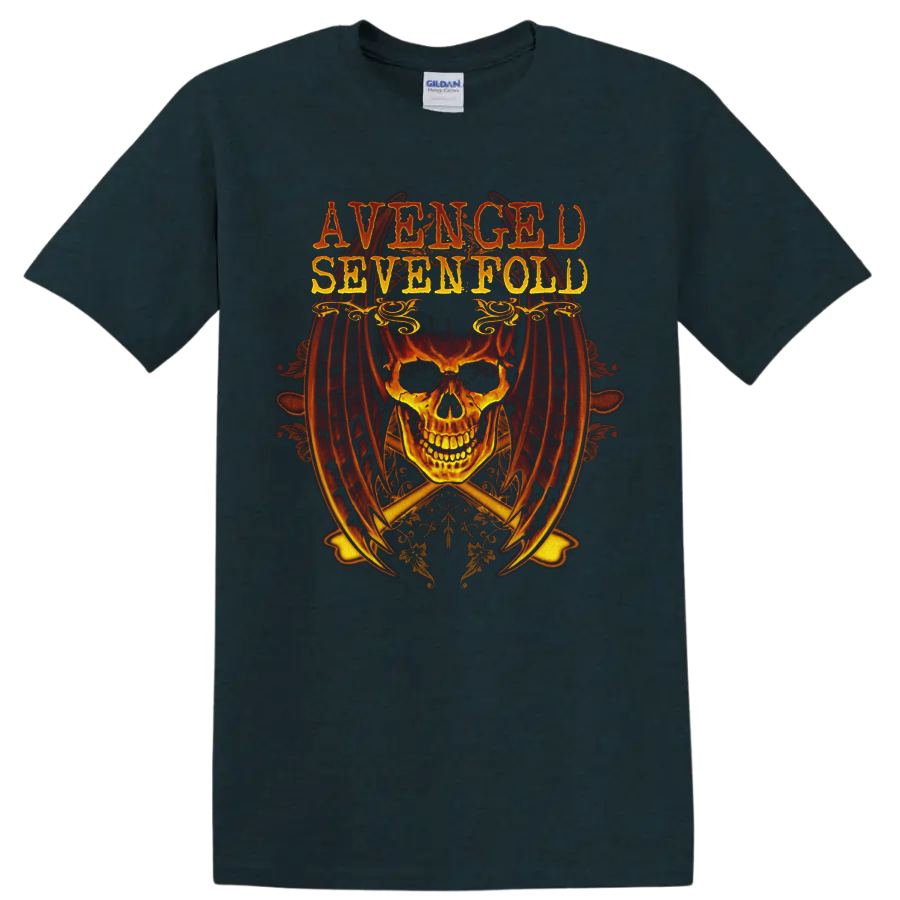 Avenged Sevenfold distressed lettering above a fiery skull with gothic ornaments on a Midnight (Green) T Shirt
